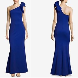 Betsy & Adam One-Shoulder Ruffled Scuba Gown